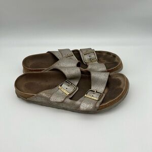 Birkenstock Arizona Leather Washed Metallic Silver Sandal